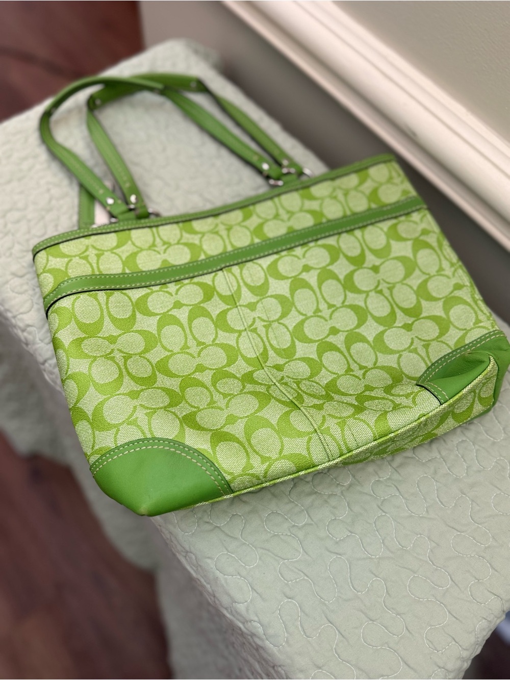 Coach Green Logo Stripe Tote with White Accent - Picture 7 of 11